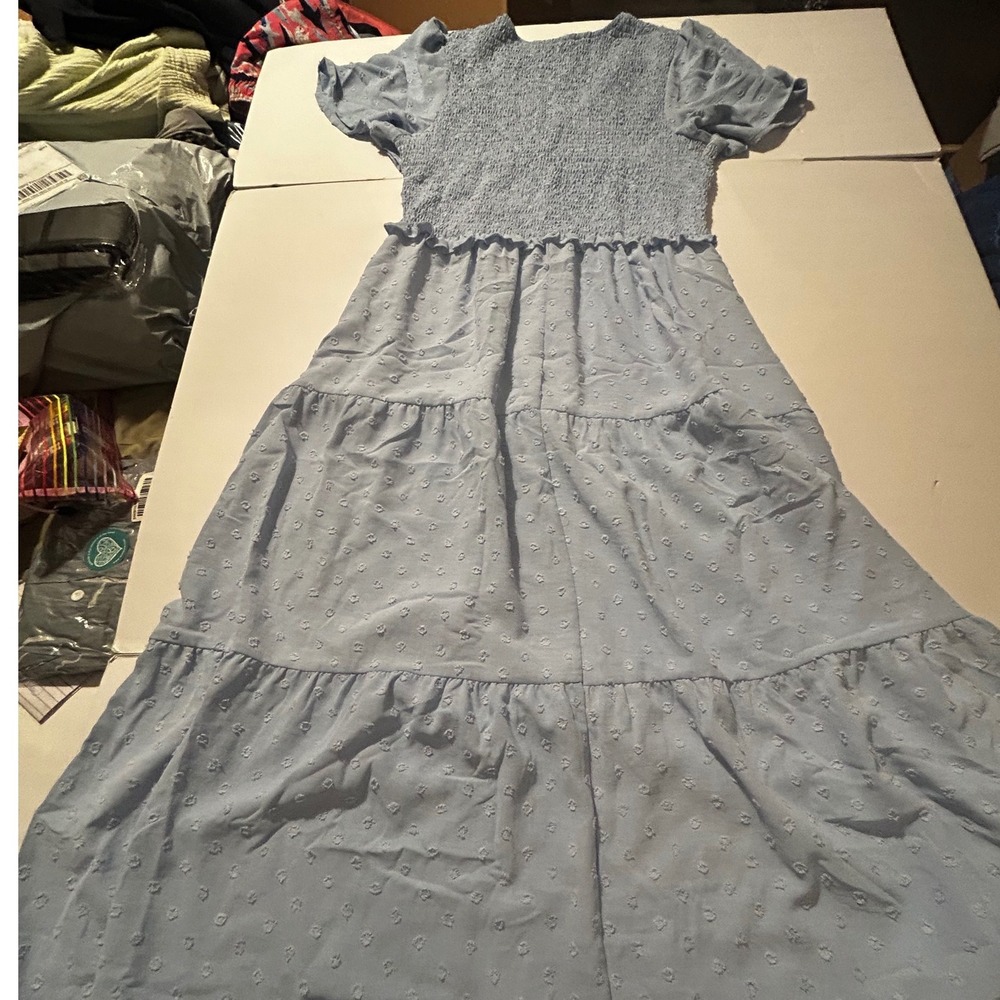 Love Kuza Sky Blue Swiss Dot Ruched V-Neck Ruffle Maxi Dress XL Prairie Boho